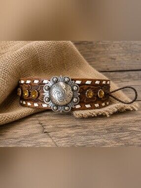 Western Tooled Leather Cuff Bracelet w/ Silver Concho & Amber Rhinestones